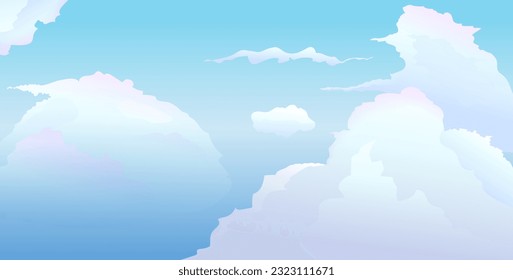 Clouds in Sky Modern Romantic Flat Wallpaper Design. Cloudscape or heaven concept, modern scenery illustration graphics of sky. Vector background graphic design in pastel colors.