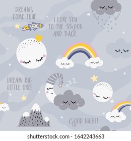 Clouds sky night scene pattern design for kids nursery - funny hand drawn doodle, seamless pattern. Moon, full moon, stars, princess, rainbow, clouds, rain, mountain, spaceship. Drream big little one.