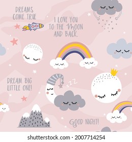 Clouds sky night scene pattern design for kids nursery - funny hand drawn doodle, seamless pattern. Moon, full moon, stars, princess, rainbow, clouds, rain, mountain, spaceship. Drream big little one.