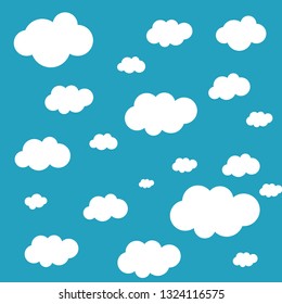 Clouds sky pattern isolated on blue background. Clouds, sky pattern for web site, label, banner, backdrop and wallpaper. Creative art concept. Cute clouds, modern vector illustration