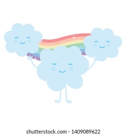clouds sky with rainbow weather kawaii character