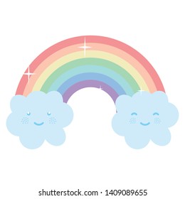 clouds sky with rainbow weather kawaii character