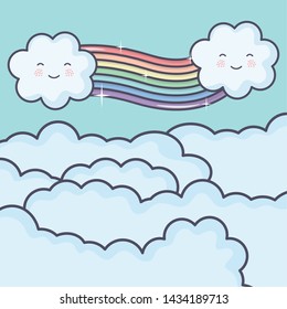 clouds sky with rainbow weather kawaii characters