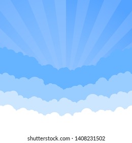 Clouds sky with retro style sunrise. Skyline texture. Sky background. Paper clouds layers. Vector illustration