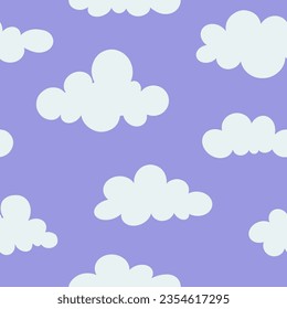 Clouds in the sky seamless pattern. Naive groovy lavender Background. Doodle sky pattern of pastel tones. Contemporary trendy backgrounds for kids. Psychedelic trippy nursery print.