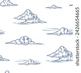 Clouds,  sky, seamless pattern vector illustration, hand drawn, sketch, black outline, engraving style