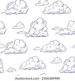 Clouds,  sky, seamless pattern vector illustration, hand drawn, sketch, black outline, engraving style