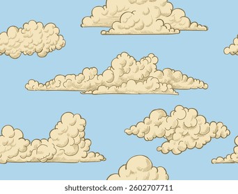 Clouds, sky, seamless pattern vector illustration, hand drawn, sketch, black outline, engraving style