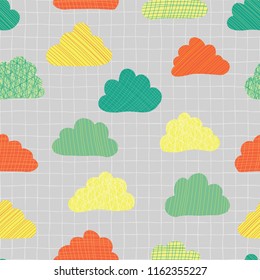 Clouds in the sky seamless vector pattern background. Teal, green, orange, and yellow cute doodle clouds on a gray texture grid. Great for kids, fabric, paper, web banners, wallpaper. Seasonal print.