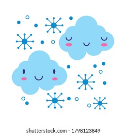 clouds sky with snowflakes kawaii comic character flat style vector illustration design