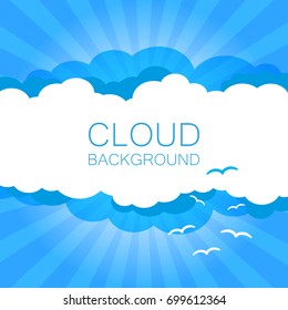 Clouds in the sky with sun rays. Flat vector illustration in cartoon style. Blue colorful background.