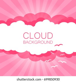Clouds in the sky with sun rays. Flat vector illustration in cartoon style. Pink colorful sunset background.