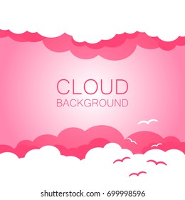 Clouds in the sky with sun rays. Flat vector illustration in cartoon style. Pink colorful sunset background.