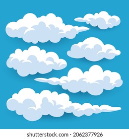 Clouds or sky vector collection on blue background. Cloud icons. Set of vector clouds. Clouds shapes