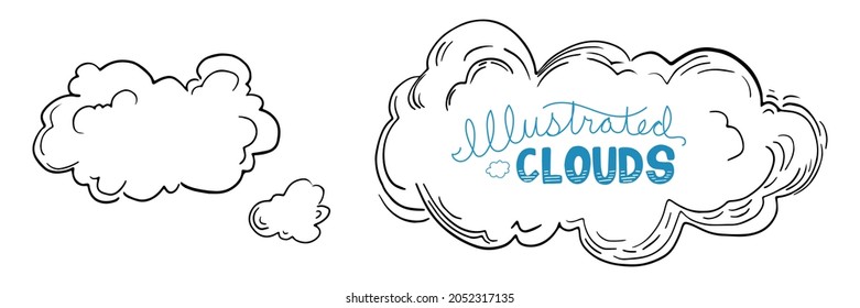 Clouds in sky vector drawing, illustration of puffy white cloud doodles, speech clouds or thought bubble concept, cute hand drawn vector sketch