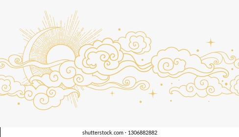 Clouds in the sky. Vector seamless border in oriental style