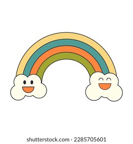 Clouds with smile and rainbow in the style of the 1970. Cartoon illustration in  retro hippie style. 