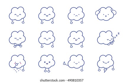 Clouds smile. Vector clean isolate illustration. White background, blue characters. Set of Emoticons flat emoji