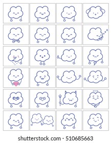 Clouds smile. Vector clean isolate illustration. White background, blue characters. Set of flat emoji
