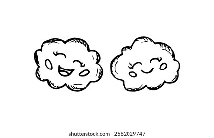 Clouds with smiling expressions doodle cartoon vector hand drawn.