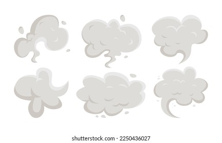 Clouds of smoke of different shapes vector illustrations set. Cartoon drawings of smoke from fire, explosion or cigarette, fog on white background. Weather, effects, environment, texture concept