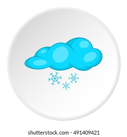 Clouds and snow icon in cartoon style on white circle background. Weather symbol vector illustration