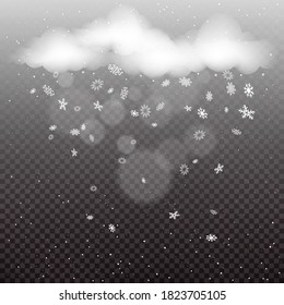 Clouds with snowfall template on dark background. Winter snow falling mockup. Christmas decoration backdrop