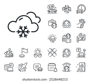 Wolken mit Schneeflocken-Schild. Symbole für Flugzeuge, Reisepläne und Gepäckansprüche. Symbol für Schneewettervorhersage. Wolkiger Himmel. Schneewetterschild. Autovermietung, Taxi-Transport-Symbol. Vektorgrafik