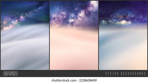 Clouds and starry sky. Natural background set. Fog waves and Milky Way