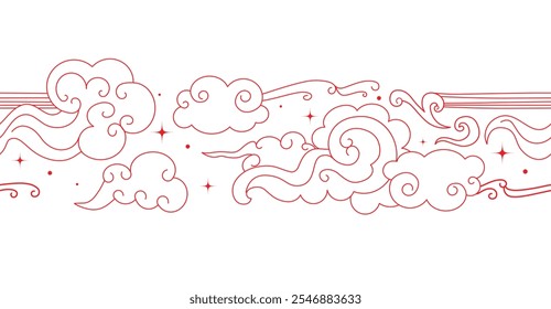 Nuvens e estrelas. Abstrato padrão sem emenda no estilo oriental. Quadro mágico chinês decorativo. Ilustração vetorial. 