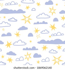 Clouds and stars abstract shapes. Hand drawn vector seamless pattern. Colorful background in doodles style. Universal simple design for print, wallpapers, wrapping, paper, textile, fabric, decor, card