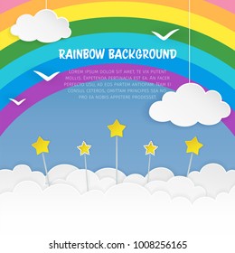 Clouds with stars and birds silhouettes on the rainbow background. Cloudy sky background. Colorful cloudscape background. Paper art. Vector Illustration. 