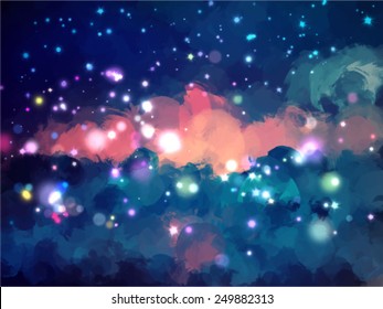 Clouds and stars brush strokes background. Vector version