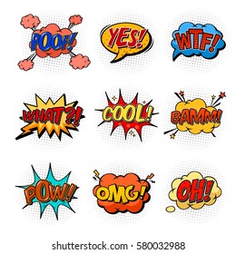 Clouds with stars as comic speech bubbles for book. Onomatopoeia sounds and replica like yes and oh, wtf and what, cool exclamation and bam or pow bang sign, omg and poof. Communication theme