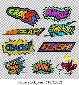 Clouds with stars as comic speech bubbles for book. Nine sound effects with fight and battle association.