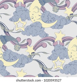 Clouds, stars and crescent vector seamless pattern night texture with moon pastel background