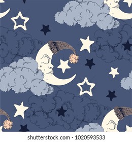 Clouds, stars and crescent vector seamless pattern night texture with moon navy background