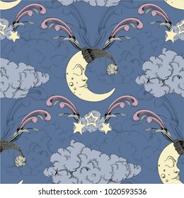 Clouds, stars and crescent vector seamless pattern night texture with moon blue background