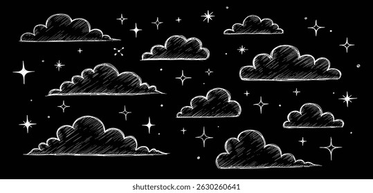 Clouds with stars doodle set - childish crayon drawing, black grunge silhouettes isolated on white. Hand sketched scribbles, kids chalk doodles collection