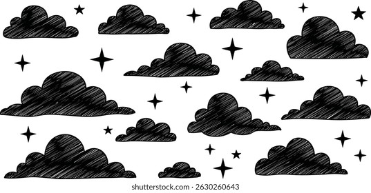 Clouds with stars doodle set - childish crayon drawing, black grunge silhouettes isolated on white. Hand sketched scribbles, kids chalk doodles collection
