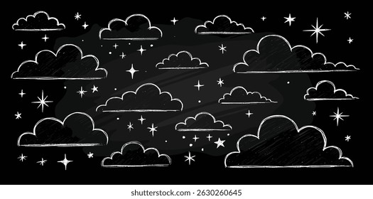 Clouds with stars doodle set - childish crayon drawing, black grunge silhouettes isolated on white. Hand sketched scribbles, kids chalk doodles collection
