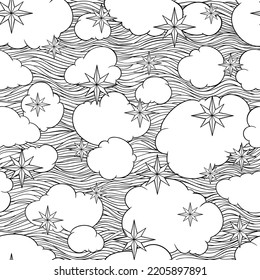 Clouds, stars, hand drawn vector linen black and white illustration, coloring book, textile, wallpaper.