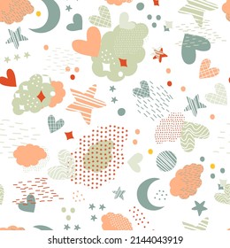 Nubes, estrellas, corazones y elementos cósmicos abstraen un patrón sin fisuras en estilo minimalista. Fondo vectorial en colores de moda. Ideal para medios sociales, tarjetas y afiches, impresión, diseño, tela.