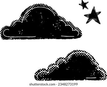 Clouds and stars in linocut style with shabby texture. vector element