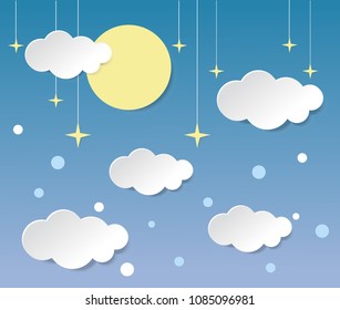 Clouds with stars and moon background in paper texture