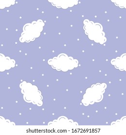 Clouds and stars on blue background. Seamless pattern. Vector illustration.