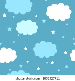 Clouds and stars on a blue background. Seamless vector illustration. Wallpaper for kids.
