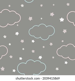 Clouds and stars on dark night sky seamless pattern. Background with cute simple sky illustrations. Template for fabric, wallpaper, packaging.
