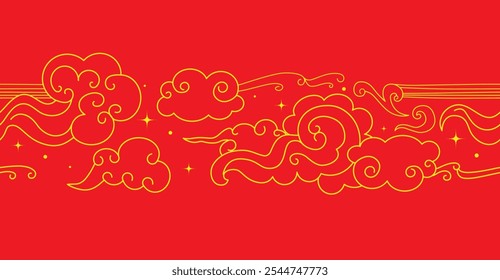 Clouds and stars on a red background. Abstract seamless pattern in oriental style. Decorative Chinese magic frame. Vector illustration.