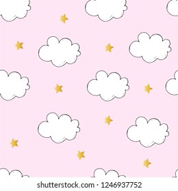 Clouds and stars. Seamless background. Children's theme. Golden elements. Pink background
